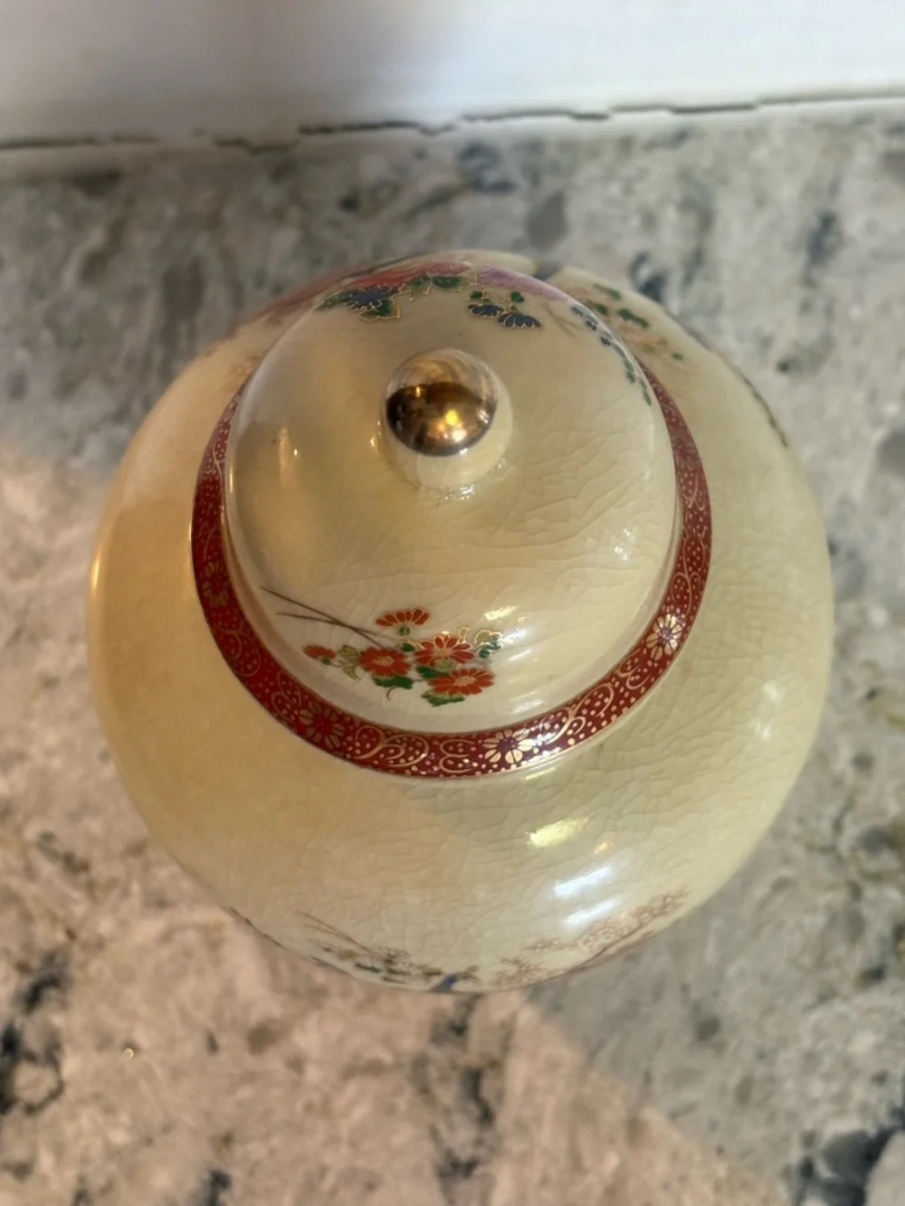 Sathuma Japan Lidded Ceramic Jar in Cream with Red Gold Accents Birds Floral